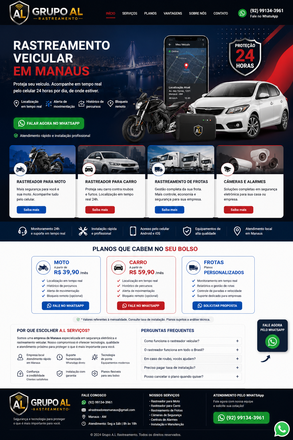 Grupo AL Rastreamento — página de rastreamento veicular em Manaus com serviços para moto, carro, frotas, câmeras e alarmes, planos e contato.